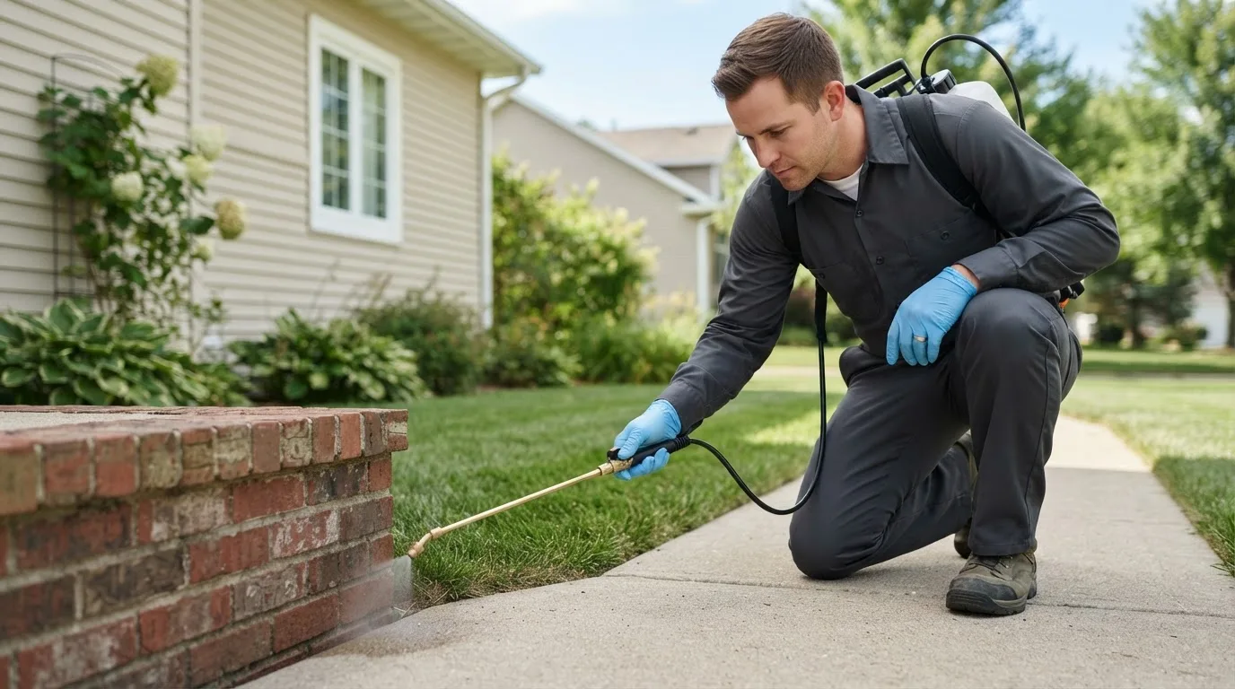 Pest control technician treating a home near Union, ME